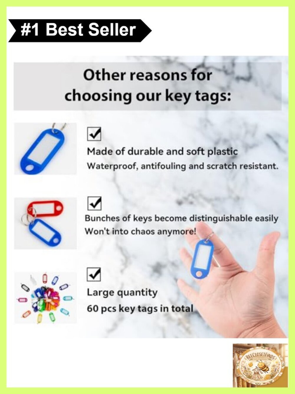 60pc Plastic Key Tags with Labels and Split Rings - Picture 3 of 5